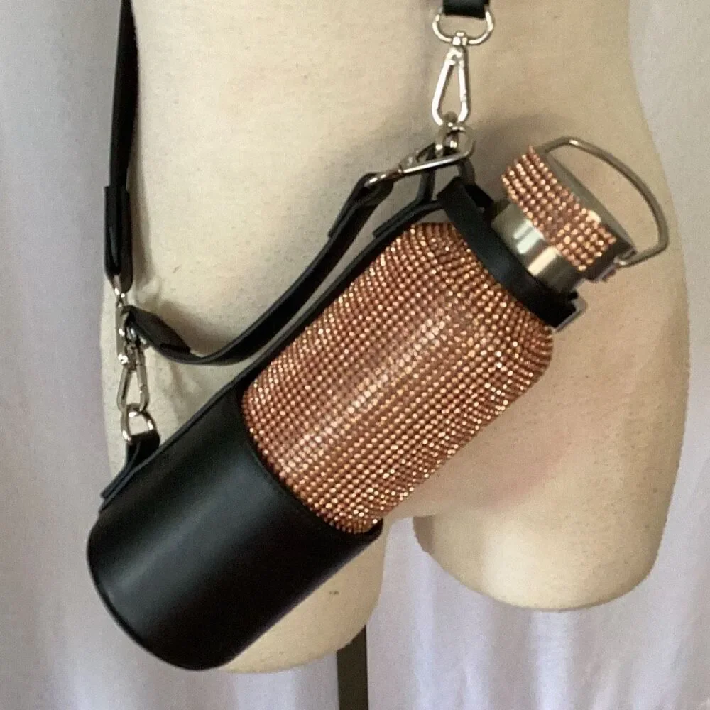 New Tomo Rhinestone Water Bottle w/ Vegan Leather Glam Bag Holder Rose Gold